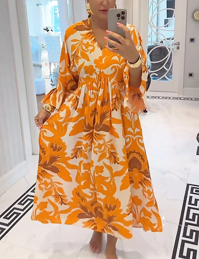 Women's V-neck Trumpet Sleeve Printed Dress