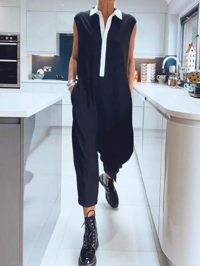 Sleeveless Contrast Color Women's Foot Jumpsuit