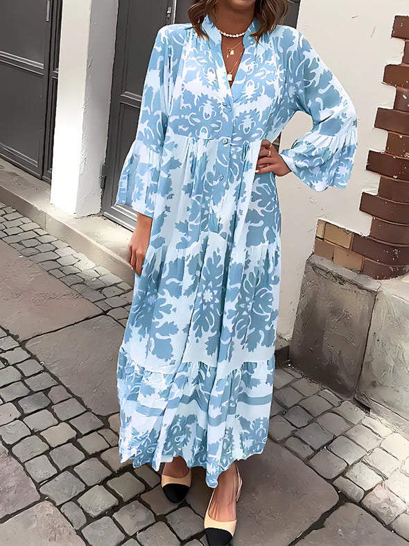 Women's V-neck Printed Long-sleeved Loose Dress