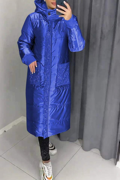 Women's Casual Warm Hooded Sequined Patchwork Long Cotton Jacket