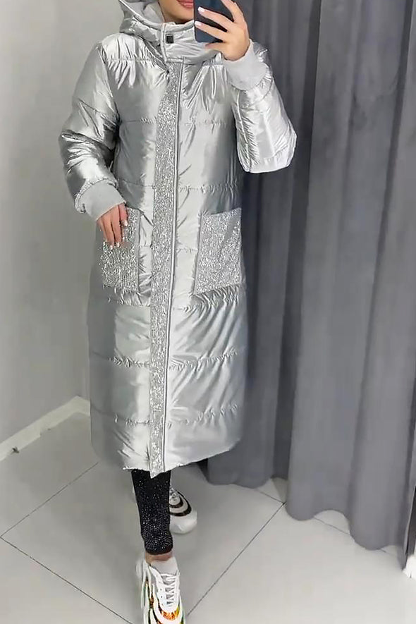 Women's Casual Warm Hooded Sequined Patchwork Long Cotton Jacket