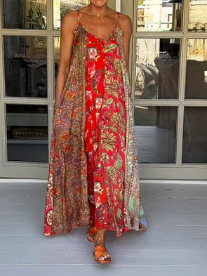Casual V-neck Color Block Printed Dress
