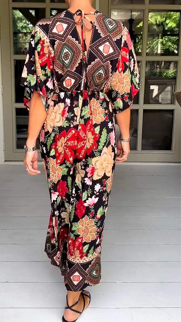 V-neck Vintage Printed Jumpsuit