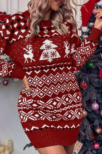 Women's Christmas Crew Neck Knitted Dress