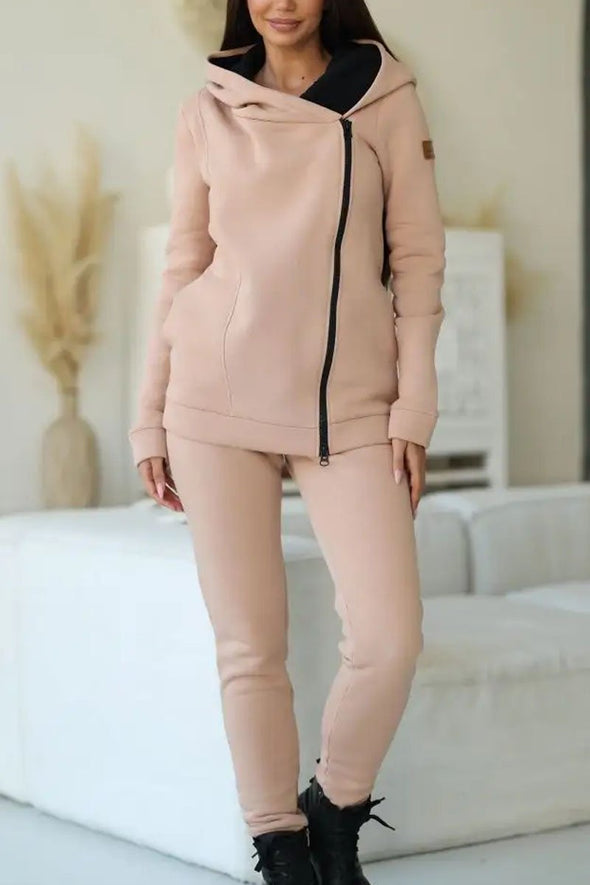 Women's Casual Solid Color Zip Cardigan Two Piece Set