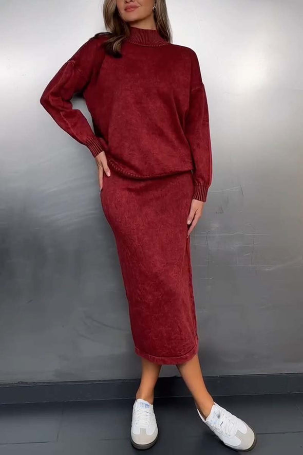 Women's casual high collar knitted skirt suit