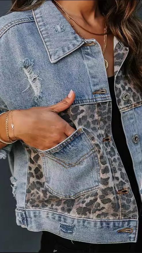 Ladies leopard print fashion print patchwork ripped denim top casual jacket