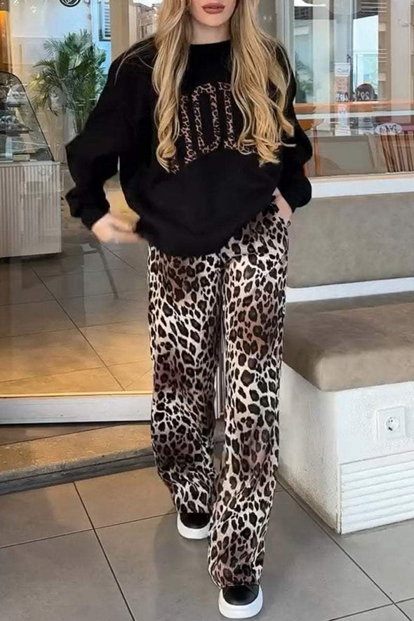 Women's Leopard Print Round Neck Long Sleeve Pullover Sweatshirt Two Piece Set