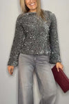 Women's Fashionable Sequined Round Neck Long Sleeve Top