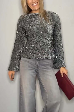 Women's Fashionable Sequined Round Neck Long Sleeve Top