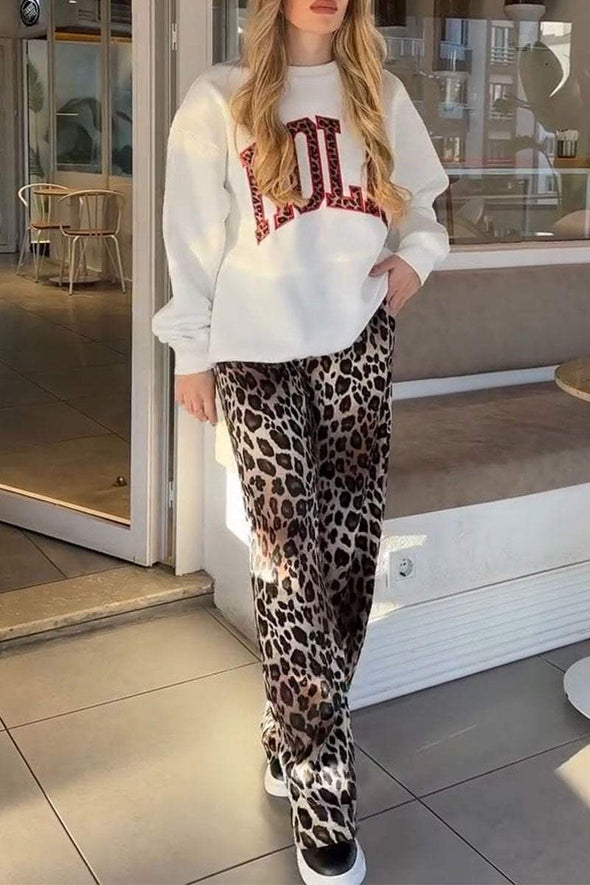 Women's Leopard Print Round Neck Long Sleeve Pullover Sweatshirt Two Piece Set