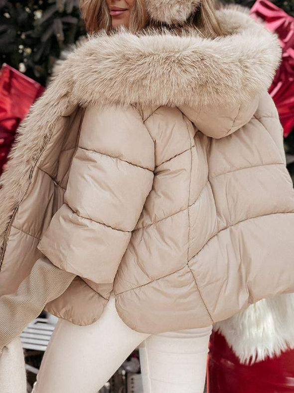 Women's Hooded Long-sleeved Plush Patchwork Coat