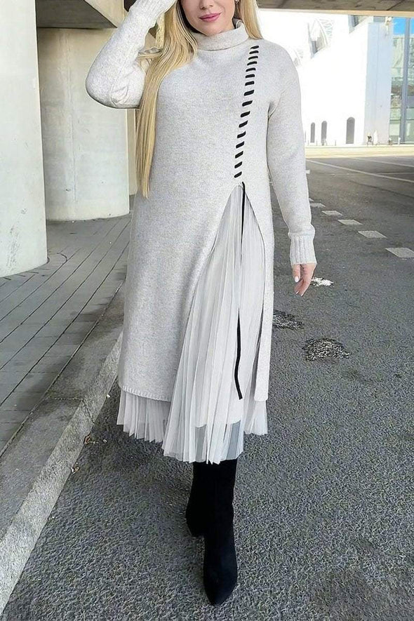 Women's Casual High Collar Mesh Stitching Dress