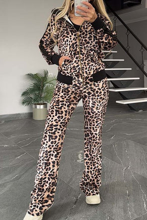 Women's Casual Leopard Print Hooded Track Suit