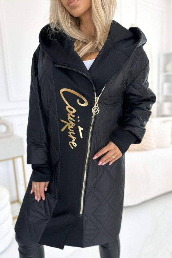 Women's Hooded Zippered Letter Print Long Coat