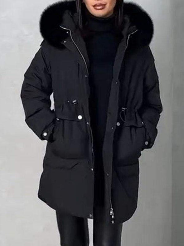 Women's Solid Color Fur Collar Hooded Cotton Coat