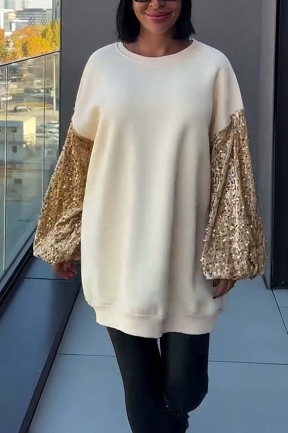 Women's Casual Sequin Patch Sleeve Pullover Sweatshirt