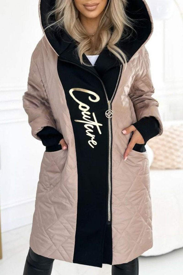 Women's Hooded Zippered Letter Print Long Coat