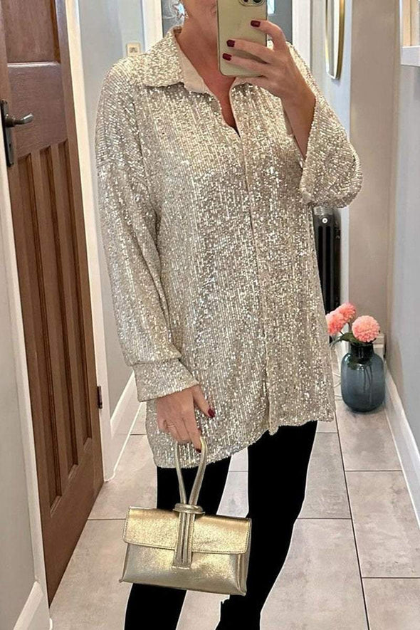 Women's Lapel Single Breasted Sequin Party Shirt