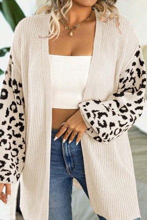 Women's casual sleeve leopard print patchwork knitted cardigan