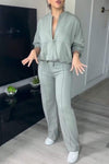 Women's Solid Color V-neck Top and Trousers Set