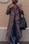 Women's Leopard Print High Collar Long Sleeve Trench Coat