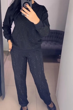 Women's casual solid color diamond sweatshirt suit