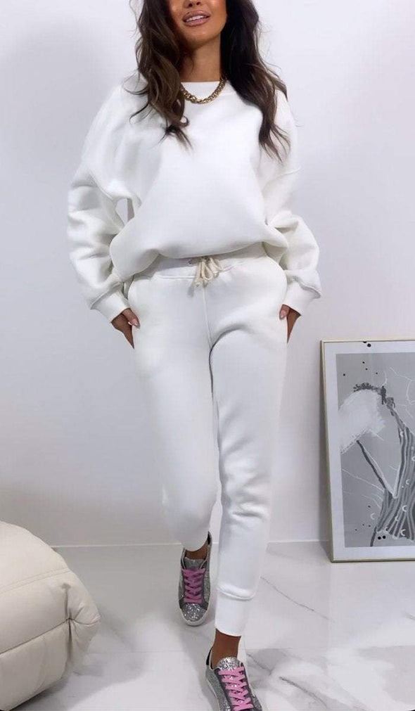 Women's Casual Round Neck Solid Color Pullover Sweatshirt Two Piece Set