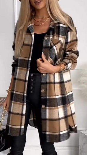 Women's Lapel Plaid Button Coat