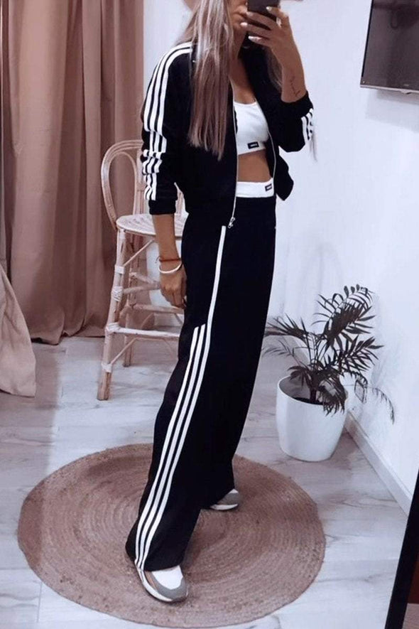 Women's Casual Lapel Zipper Long Sleeve Two Piece Suit