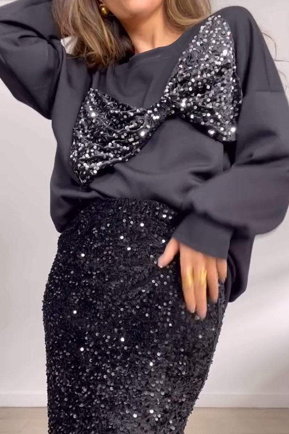 Women's Casual Round Neck Sequin Bow Decorated Sequin Skirt Suit