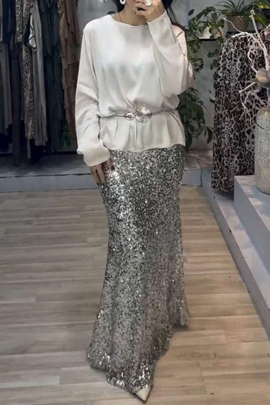 Women's Round Neck Long Sleeve Sequined Skirt Two Piece Suit