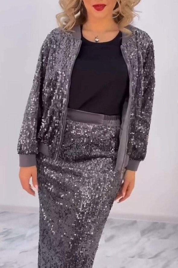 Women's Casual Round Neck Sequined Cardigan And Skirt Suit