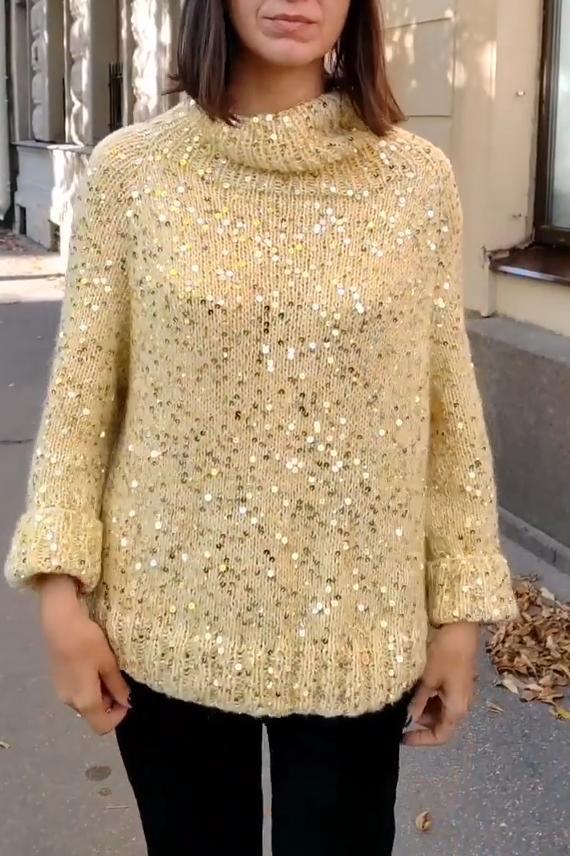 Women's Solid Color Turtleneck Pullover Sequined Sweater