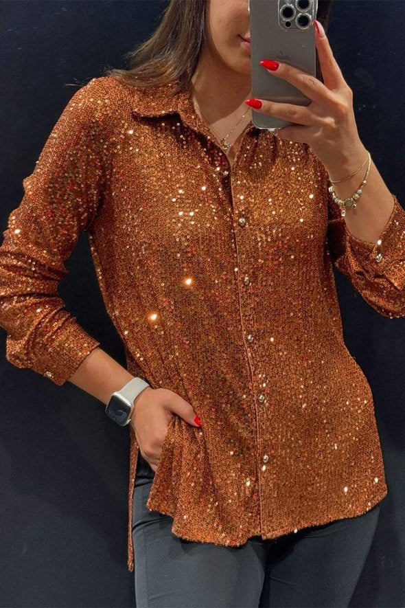 Women's Lapel Single-breasted Sequined Shirt