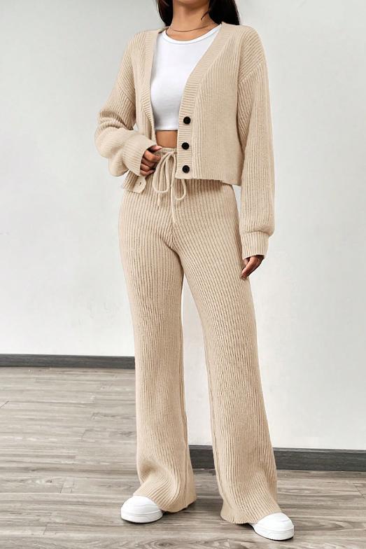 Women's Casual Solid Color Knitted Cardigan Suit