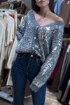 Women's Fashion V-Neck Sequined Knitted Jacket