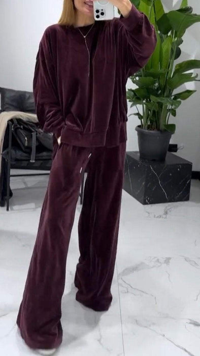 Women's Round Neck Solid Color Sweatshirt and Trousers Two-piece Set