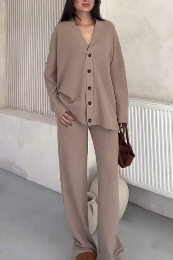 Women's Casual V-neck Single-breasted Solid Color Two-piece Suit