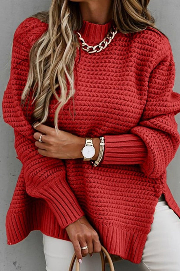 Women's Half-high Collar Solid Color Side-slit Knitted Sweater