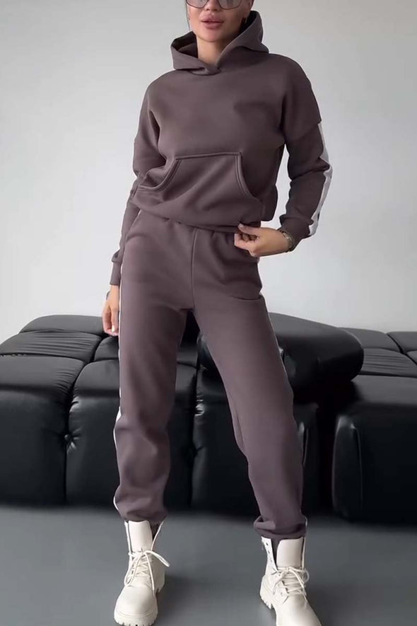 Women's casual sports side contrast hooded sweatshirt set