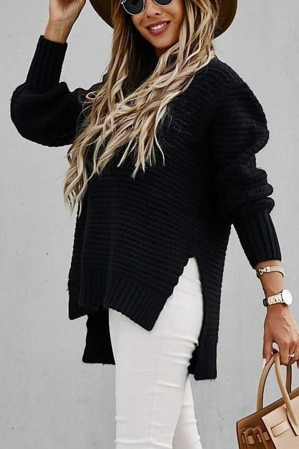 Women's Half-high Collar Solid Color Side-slit Knitted Sweater