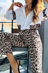 Women's casual leopard print patchwork shirt suit