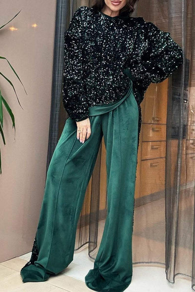 Women's Round Neck Sequined Top and Trousers Set