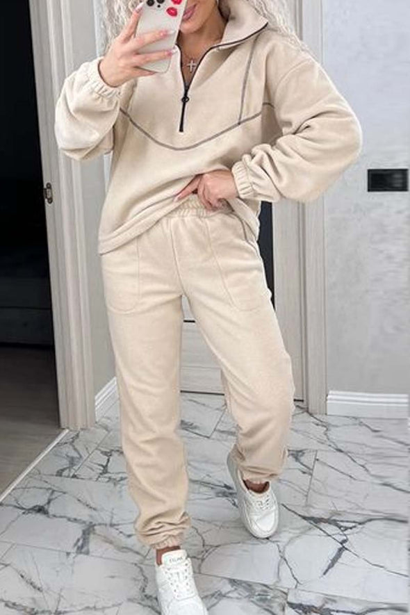 Women's casual sports zipper half open collar plush suit