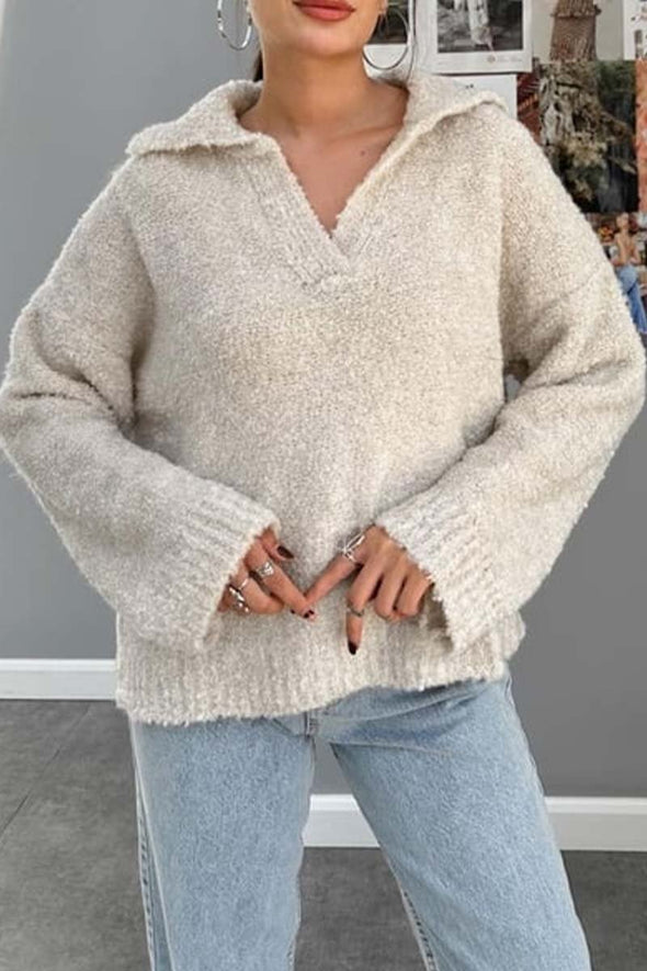 Women's Solid color lapel long sleeve sweater