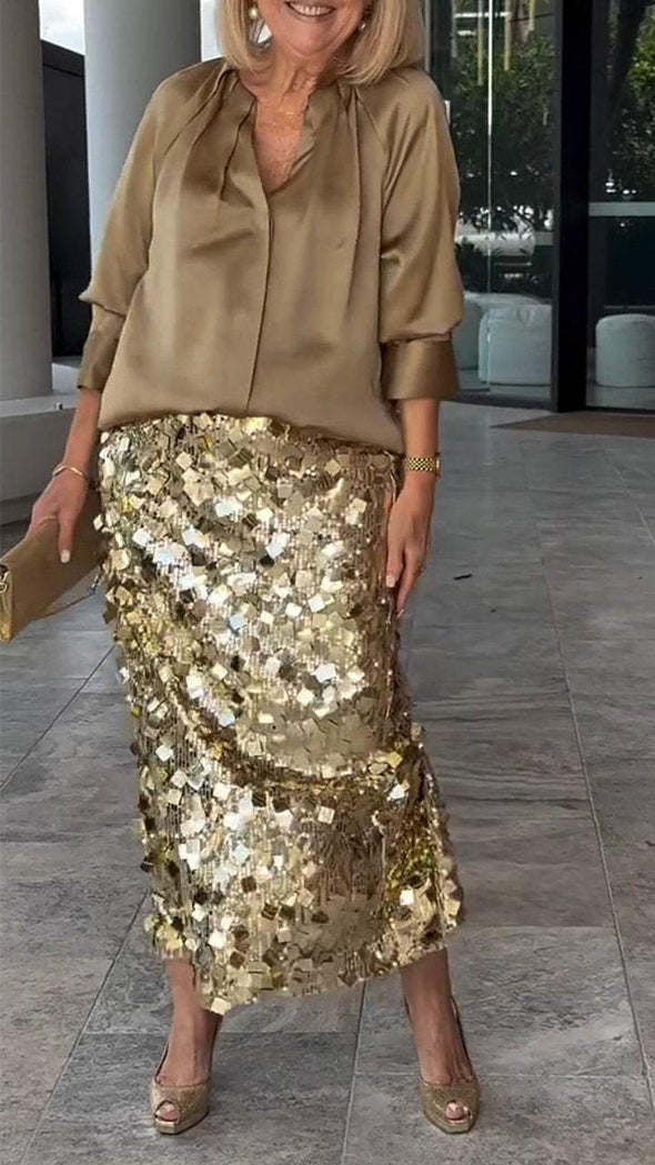 Women's Long-sleeved Shirt and Sequined Skirt Two-piece Set