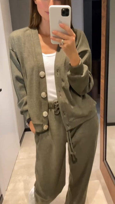 Women's Casual V-neck Cardigan + Trousers Two-piece Set