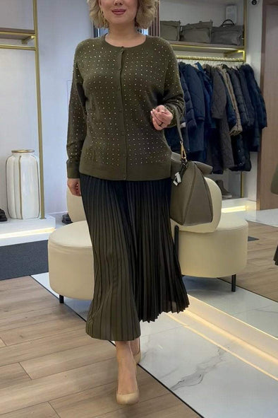 Women's Casual Round-neck Shiny Sweater + Pleated Skirt Set