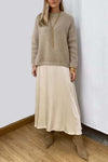 Women's knitted long sleeve top and satin skirt set